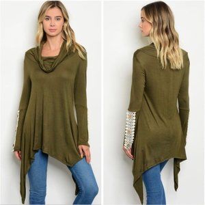 3/$25 Gypsy Cowl Neck Crochet Asymmetrical Tunic